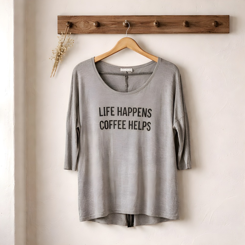 Misia Graphic Knit Top Women Medium Grey Excellent Coffee Helps Back Zip Relaxed